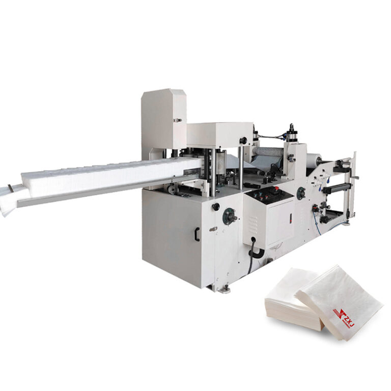 Automatic Napkin paper making machine with labeled parts — raw material rack, printing component, heater, embossing part, and folding part.