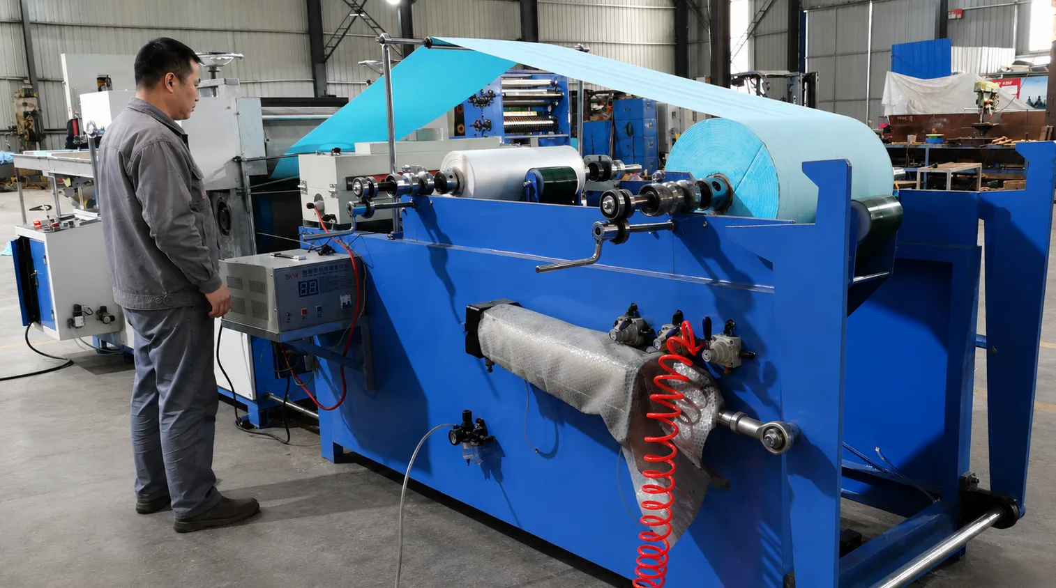 Technician inspecting the steel-to-wool embossing roller on a dental bib machine.
