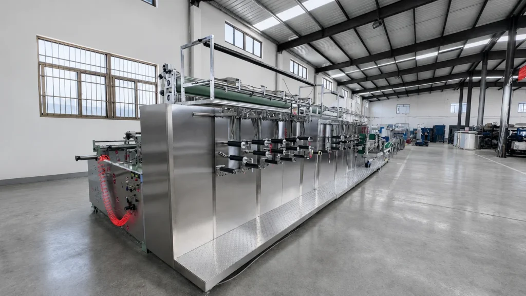 Fully automated wet tissue making machine for hygiene product manufacturing.