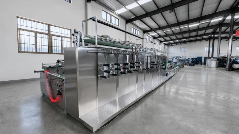 Fully automated wet tissue making machine for hygiene product manufacturing.