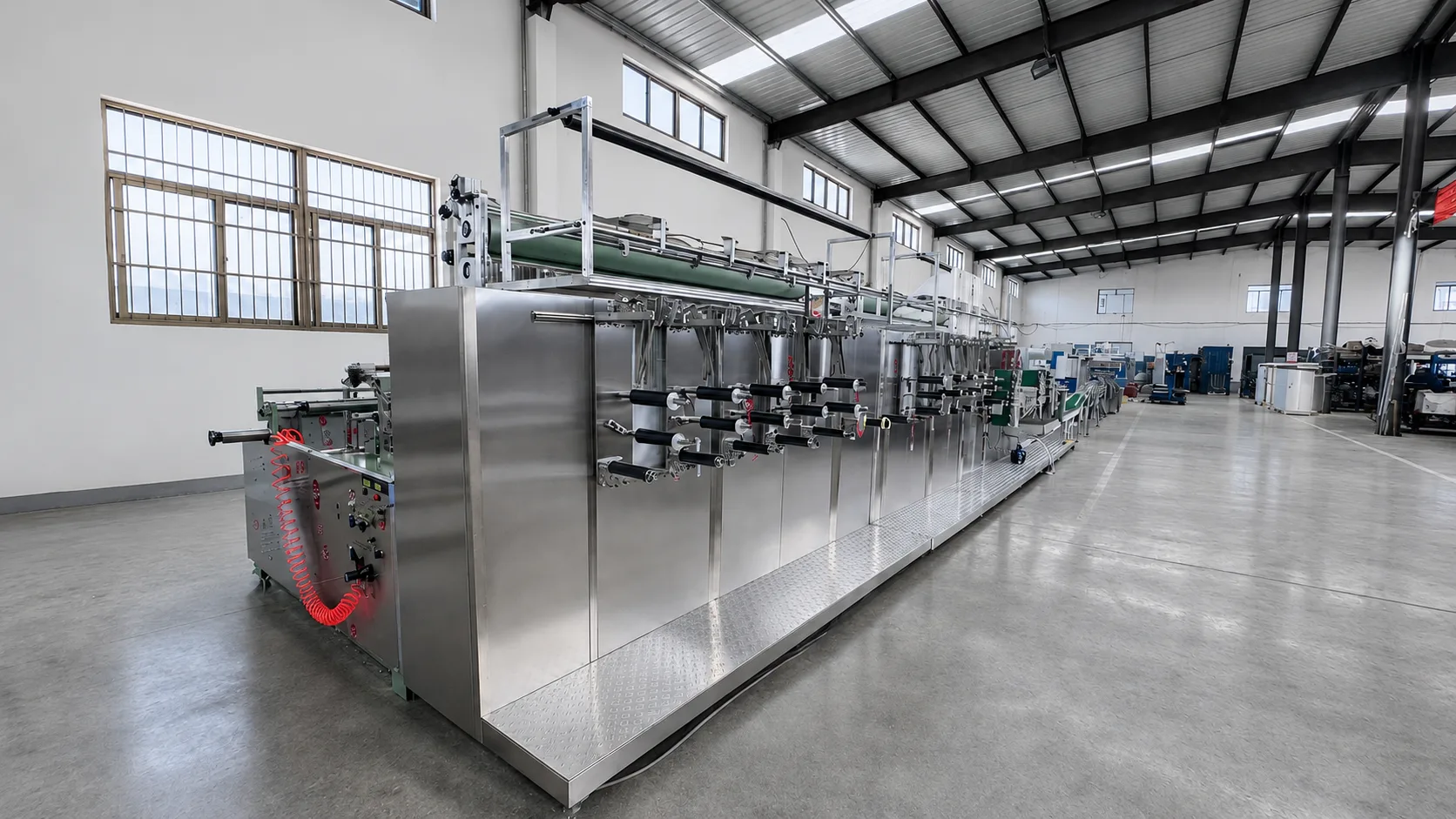 Fully automated wet tissue making machine for hygiene product manufacturing.