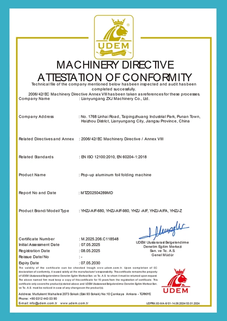 ZXJ Machinery CE certification for pop-up aluminum foil folding machine