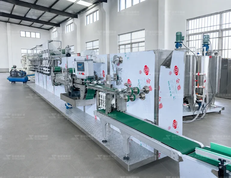 High-speed wet tissue manufacturing machine for various packaging sizes.