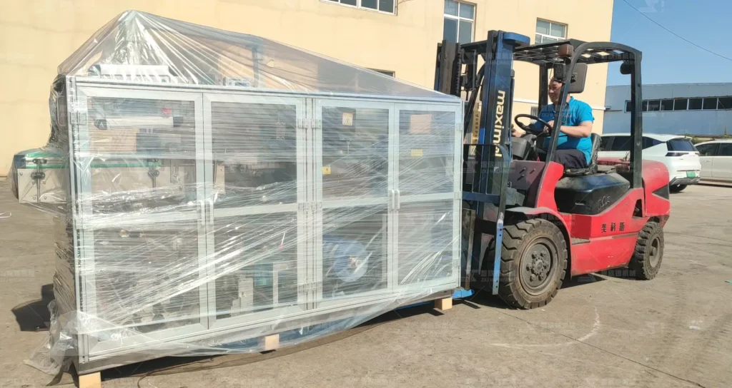 ZXJ Machinery wet wipes production line being packed for international shipping.