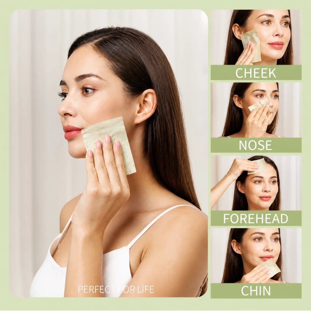 Woman using facial oil blotting paper on her cheek, nose, forehead, and chin to absorb excess oil.