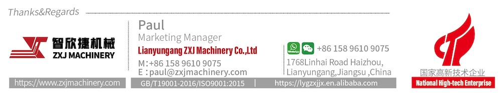 ZXJ Machinery contact information banner showing company logo, address, WhatsApp number, and certification as a National High-Tech Enterprise.