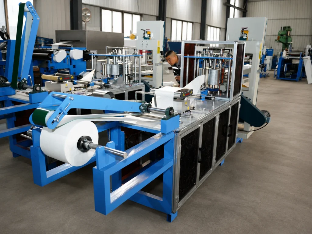 Rear view of the YWJ-AF Pro non-woven folding machine showing drive and frame structure