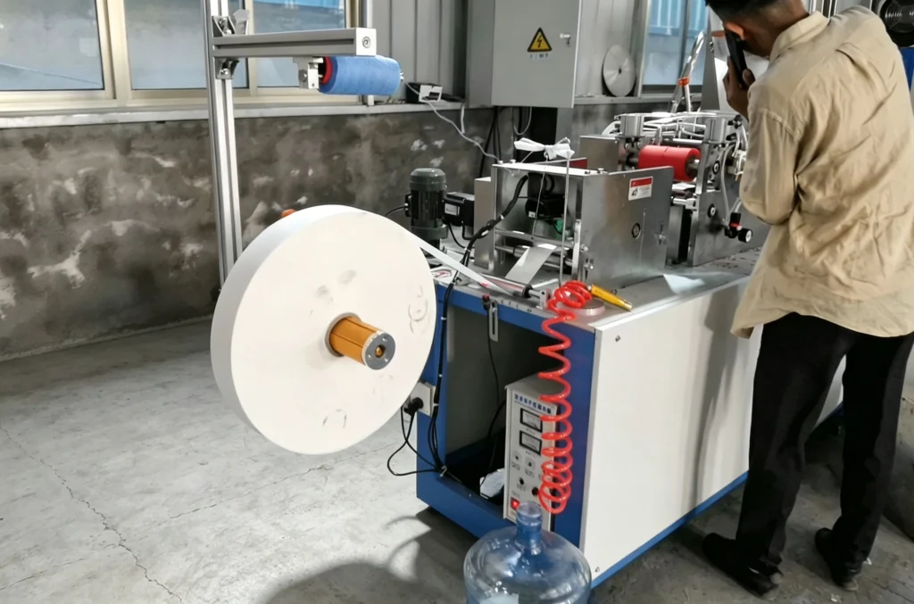S-shape ultrasonic welding station bonding the radiopaque thread to gauze