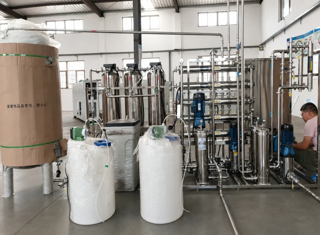 Wet wipes production line water purification system and liquid tanks.