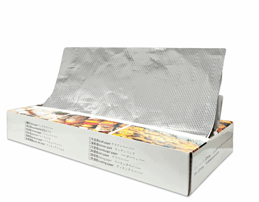 Pop-up aluminum foil sheets with embossed diamond pattern packed in a kitchen-use dispenser box