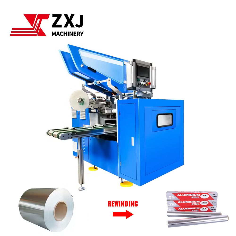 Automatic aluminum foil rewinding machine for household and catering foil rolls, manufactured by ZXJ Machinery.